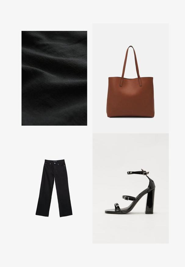 Černá látka s hladkým, jemným povrchem, vykazující jemné vrásky a matný vzhled. Žádné viditelné vzory ani kovové části.; Černé džínové kalhoty s širokými nohavicemi, vysokým pasem, viditelným šitím a čtyřmi kapsami. Tkanina má jemnou, hladkou texturu s minimálním leskem.; Černé lakované sandály na podpatku se čtveratou špičkou, lýtkovými pásky a stříbrnými přezkami. Disponují masivním blokovým podpatkem pro stabilitu.; Hnědá kožená taška přes rameno s hladkou texturou, otevřeným designem a dvěma ramenními popruhy. Obsahuje minimální švy a žádné viditelné kovové prvky.