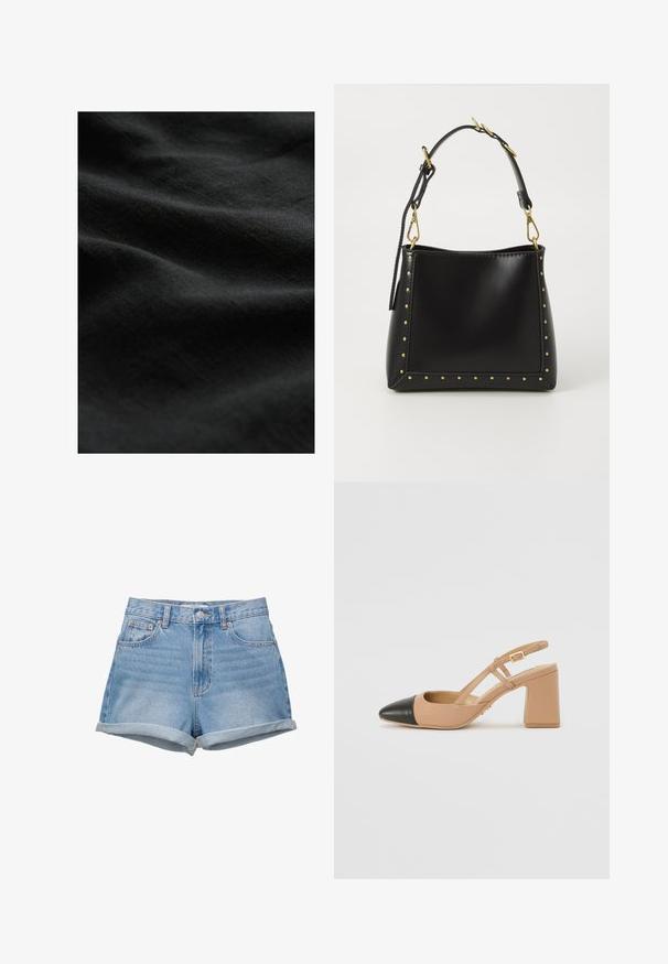 Tessuto nero con una texture liscia e morbida, che presenta sottili pieghe e una finitura opaca. Nessun motivo o accessorio visibile.; Shorts in denim a lavaggio azzurro chiaro, a vita alta con chiusura a bottone, cinque tasche e orli risvoltati. Texture liscia, design classico.; Scarpa beige con cinturino posteriore, punta nera, tacco quadrato alto e due dettagli a striscia, realizzata in materiale liscio.; Borsa a mano in pelle nera con forma strutturata, caratterizzata da borchie dorate lungo i bordi e una tracolla staccabile con dettagli in metallo dorato.; Collana in tonalità oro con una catena spessa con anelli lisci, abbinata a una catena delicata che sostiene un ciondolo a forma di cuore con accenti di pietra.