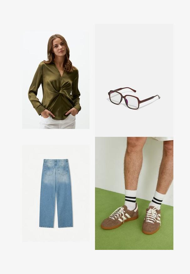 Oliwkowa satynowa koszula z dekoltem w serek i skręconym przodem. Długie rękawy z zapięciem na guziki. Gładka tekstura, dopasowany krój.; Jasnoniebieskie dżinsy o prostym kroju, z dwiema tylnymi kieszeniami i wyblakłym odcieniem w górnych częściach.; Brązowe zamszowe sneakersy z białymi akcentami i sznurówkami. Gumowa, brązowa podeszwa. Noszone z białymi skarpetkami w czarne paski. Zielona teksturowana podłoga.; Brązowe, prostokątne okulary z przezroczystymi soczewkami i fioletowymi odcieniami. Gładka plastikowa oprawka z prostymi zausznikami i subtelnymi detalami.