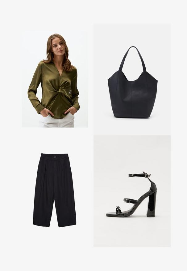 Olijfgroene satijnen blouse met een v-hals en een gedraaide voorkant. Lange mouwen met knoopmanchetten. Glad textuur, getailleerde silhoet.; Zwarte polyester culottes met een elastische tailleband, twee voorkreukels en een losse pasvorm. Geen zichtbare patronen of hardware-details.; Zwarte gepatenteerde sandalen met hak en een vierkante neus, enkelbandjes en zilveren gespen. Heeft een stevige blokhak voor stabiliteit.; Zwarte tote tas van glad leer, met een gebogen, open bovenkant en twee schouderbanden, en een minimalistisch ontwerp.