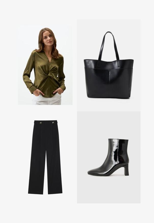 Chemise en satin vert olive avec un col en V et un design frontal twisté. Manches longues avec des poignets à boutons. Texture lisse, silhouette ajustée.; Pantalons larges noirs à taille haute, avec des détails de boutons à la taille et des plis sur le devant.; Bottines en cuir verni noir avec un bout pointu et un talon block de hauteur moyenne. Texture lisse et design minimaliste.; Sac fourre-tout en cuir noir avec deux longues poignées, une texture lisse et une forme structurée. Dispose d'une poche avant pour un rangement supplémentaire.