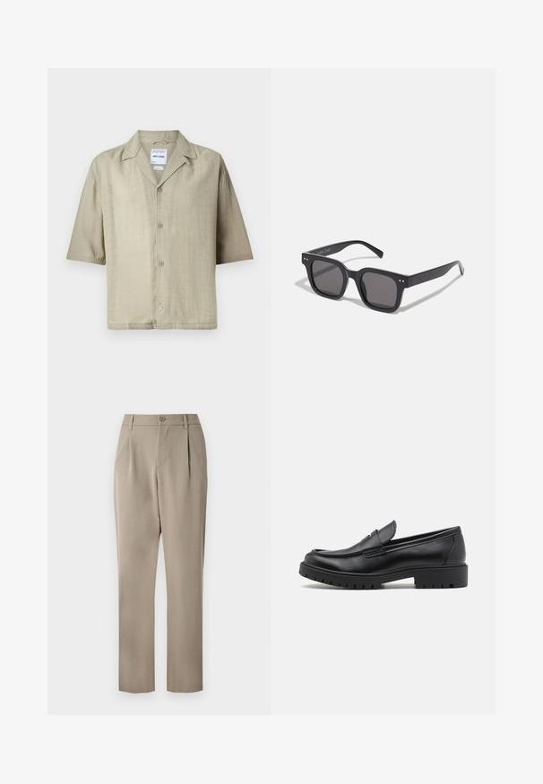 Košeľa s krátkym rukávom, na gombíky, v svetlo khaki farbe. Má kempový golier, rovný strih a päť gombíkov vpredu. S textúrovaným povrchom.; Biely bezrukávový top z rebrovanej bavlny. Má zaoblený výstrih a hladkú textúru. Štítok hovorí "PULL&BEAR."; Khaki nohavice so štýlom rovného strihu, s uzatváraním na gombík a skladaným predkom. Vyrobené z hladkej tkaniny s matným povrchom.; Čierne kožené mokasíny s okrúhlou špičkou, s designom na obúvanie a hrubou gumovou podrážkou s textúrovanou protišmykovou úpravou. Vyvýšený opatok a jemné prešívanie.; Čierne obdĺžnikové slnečné okuliare s tmavými sklami, s hrubým rámom, jemnými akcentmi na stranách a bez viditeľných log, okrem názvu značky.