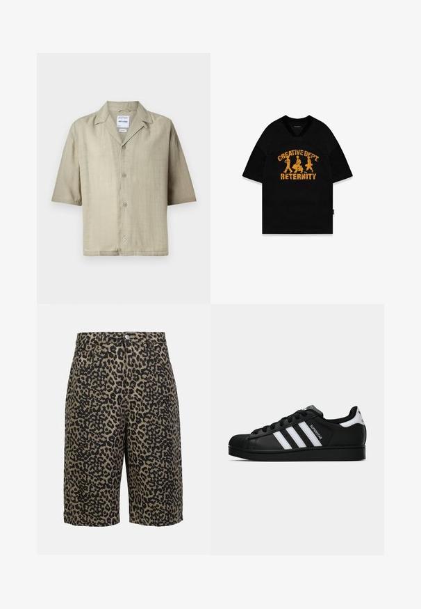 Lühikeste varrukatega nööbitav särk heledas khaki kangas. Omab laia kraed, sirget lõiget ja viit nööpi ees. Tekstuuriga viimistlus.; Must värviline lühikeste varrukatega T-särk, millel on kirjas "CREATIVE DEPT RETERNITY" kulunud kollases kirjas ja kolm figuuri, disainitud võrkkangast.; Leopardimusteriga denim-lühikesed püksid maalikates toonides, varustatud nööpe closure, viie tasku ja relaxed fit'iga.; Mustad musta värvi Adidas Superstar toss, millel on valged triibud, koonuseline varvas ja küljes "Superstar" tekst, esitatud külgvaates valgel taustal.