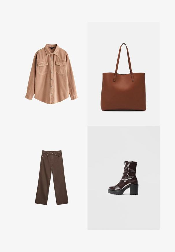 Světle hnědá denimová košile s dlouhými rukávy, špičatým límcem, dvěma předními kapsami a stříbrnými druky. Vyznačuje se volným střihem a odolnou strukturou.; Hnědé džíny s širokými nohavicemi vyrobené z denimu, s vysokým pasem, předními kapsami a klasickým zapínáním na knoflík. Hladká textura s jemným švem.; Lesklá bordó kotníková bota s masivním černým podpatkem, se hladkým povrchem a jednoduchým designem. Žádné viditelné zapínání ani vzory.; Hnědá kožená taška přes rameno s hladkou texturou, otevřeným designem a dvěma ramenními popruhy. Obsahuje minimální švy a žádné viditelné kovové prvky.
