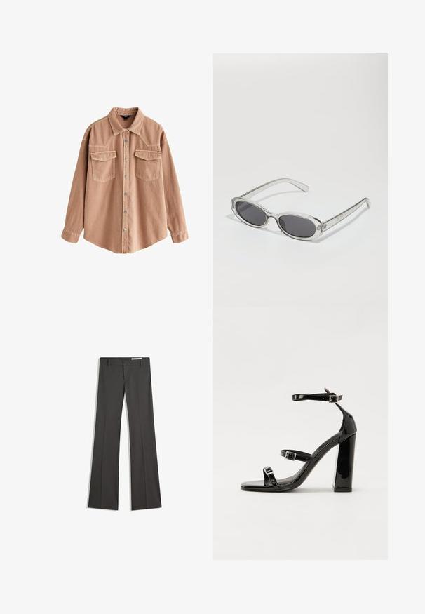 Camicia in denim marrone chiaro con maniche lunghe, colletto a punta, due tasche frontali e bottoni a pressione argentati. Presenta una vestibilità comoda e una texture resistente.; Pantaloni grigi a campana in un tessuto morbido, con vita piatta, passanti per la cintura e un design su misura con linee pulite.; Sandali con tacco in vernice nera, con punta squadrata, cinturini alla caviglia e fibbie in argento. Presentano un tacco a blocco spesso per maggiore stabilità.; Occhiali da sole con forma ovale, montatura in plastica trasparente, lenti grigie scure e aste sottili trasparenti con accenti di logo e dettagli minimi.