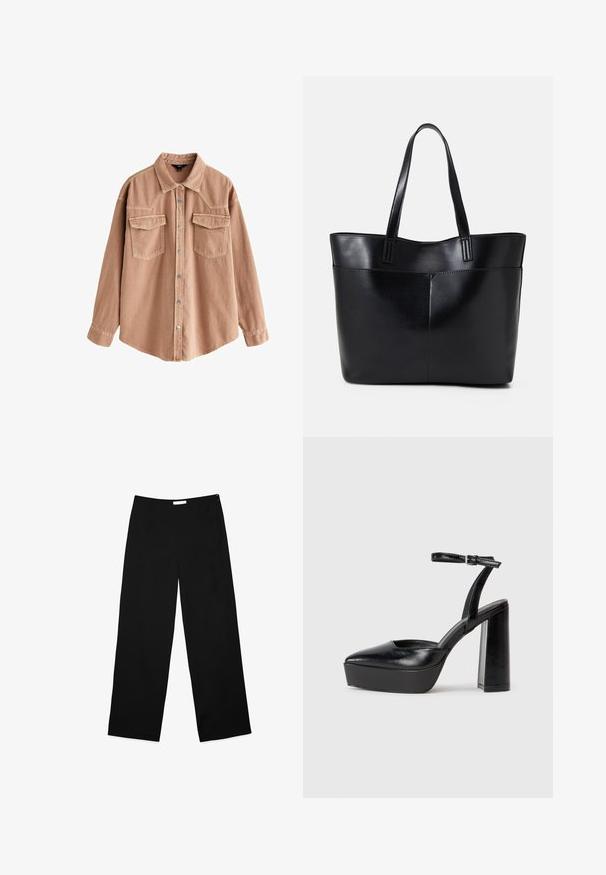 Gai brūns denima krekls ar garām piedurknēm, ar norādītu apkakli, divām priekšējām kabatām un sudraba pogām. Iezīmē brīvu piegriezumu un izturīgu tekstūru.; Platas kājas bikses melnā audumā, ar gludu tekstūru, tīru dizainu un diskrētu sānu rāvējslēdzēju aizdarei.; Melnas platformas papēžs ar norādītu purngala formu un regulējamu potītes siksniņu. Izgatavotas no gludas ādas, ar masīvu bloku papēdi.; Melnas ādas iepirkumu soma ar divām garām rokturām, gludu tekstūru un strukturētu formu. Iekļauj priekšējo kabatu papildu uzglabāšanai.