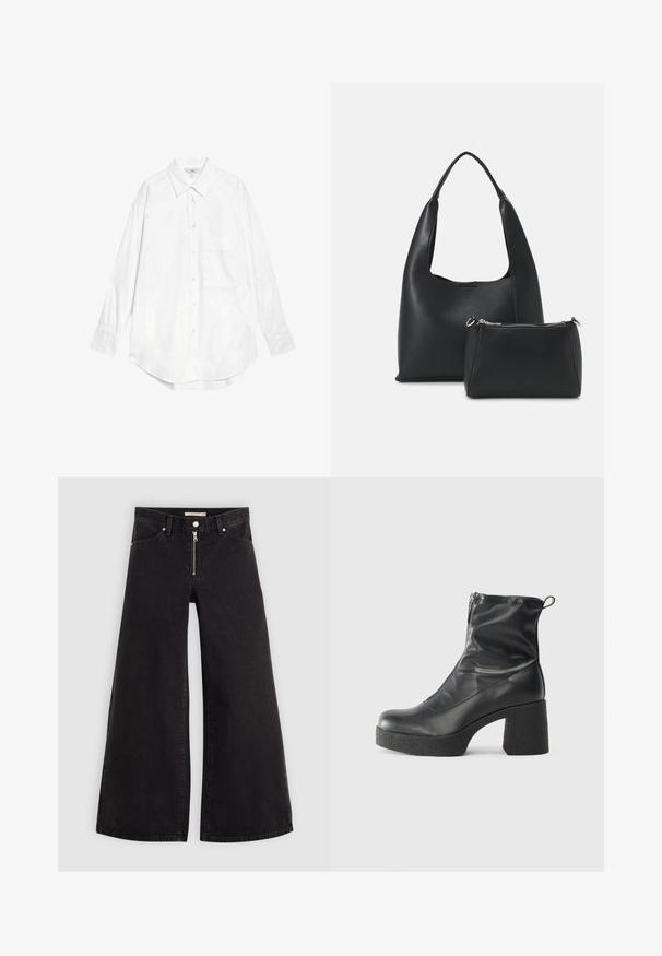 Marks & Spencer OVERSIZED - Košilová halenka - white; Džíny s širokými nohavicemi v černém denimovém provedení se zipem vpředu, pěti kapsami a jemnými švy. Hladká textura a ležérní styl.; Černé kotníkové boty vyrobené z hladké kůže, s bočním zipem, robustním strukturovaným podpatkem a kulatou špičkou.; Even&Odd Kabelka - black