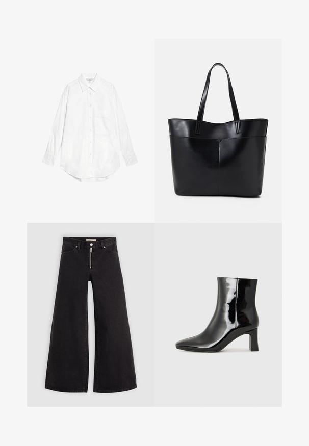 Marks & Spencer OVERSIZED - Camicia - white; Jeans a gamba larga in denim nero con chiusura a zip, design a cinque tasche e dettagli di cucitura sottili. Texture morbida e stile casual.; Stivaletto in pelle verniciata nera con punta a punta e tacco a blocco di altezza media. Texture liscia e design minimalista.; Borsa a tracolla in pelle nera con due manici lunghi, una texture liscia e una forma strutturata. Presenta una tasca frontale per ulteriore spazio di archiviazione.