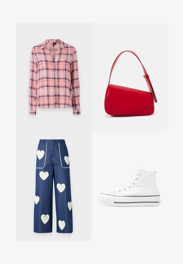 Ilgas rankovėmis, mygtukais užsegamas marškiniai rožinės ir tamsiai mėlynos langelių raštu. Minkšta medžiaga, apykaklė, laisvas kirpimas su užlenktomis rankovėmis.; Sister Jane HEART TO HEART - Tiesaus kirpimo džinsai - blue denim; Balti aukštakulniai drobės sportbačiai su juodu guminio pado, priekinio guminio piršto dangteliu ir šešiais akytėmis raištams, pasižymintys švariu, minimalistiniu dizainu.; Raudona odinė rankinė su kampuota, geometrine forma. Pasižymi viena reguliuojama dirželiu ir dangteliu su siuvinėtais dekoracijomis.