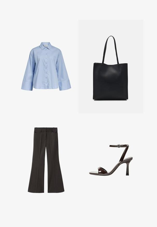 Object LOOSE FIT - Paitapusero - serenity; Mustat vyötäröltä korkealla loistavat housut; niissä on kaksi etutaskua ja sileä kangaspinta. Sopii eri tilaisuuksiin.; Sandaalit korkean koronan ruskeasta mokkanahasta, jossa on nilkkaremmi, avonainen kärki ja tyylikäs, minimalistinen muotoilu. Varusteena neliön muotoinen korko.; Mustapahkainen kangaskassi, jossa on sileä pinta, suorakaiteen muotoinen ja kaksi pitkää kahvaa. Ei näkyvää metalliosaa tai koristeita.