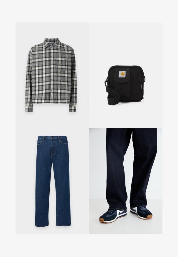 Chemise à carreaux noire et blanche avec col, manches longues et coupe décontractée. Fabriquée dans un tissu doux et texturé.; Jean en denim bleu foncé à jambes droites, avec poches avant et fermeture à bouton, présenté sur un fond blanc uni.; Des chaussures de sport bleu marine et blanches avec un dessus texturé, des lacets et une semelle en caoutchouc, associées à un pantalon en denim foncé avec des coutures orange.; Sac bandoulière noir avec un compartiment principal zippé, une poche frontale, une sangle ajustable et un patch logo visible sur le rabat.; Collier en perles blanches avec une forme ronde uniforme, surface lisse et fermoir en métal avec une chaîne d'extension pour une longueur ajustable.