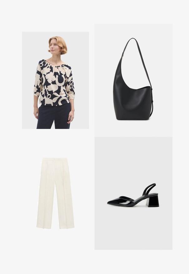Blůza s navy a krémovým vzorem, tříčtvrtečním rukávem, shromážděným výstřihem a měkkou strukturou. Obsahuje výrazné abstraktní tvary a uvolněný střih.; Kalhoty s širokými nohavicemi v světle krémové barvě. Vyrobené z hladké tkaniny s záhyby vpředu a bočními kapsami.; Černé lakované kožené lodičky na pásku s špičatou špičkou a geometrickým blokovým podpatkem. Vyznačují se elegantním, minimalistickým designem a hladkým povrchem.; Černá kožená hobo taška s hladkým povrchem, zakřiveným tvarem a jedním nastavitelným popruhem; má široké otevírání nahoře.