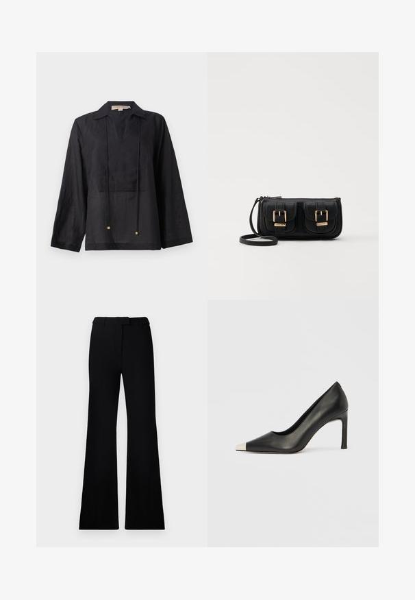 Schwarzes Langarmshirt aus leichtem Stoff, mit einem Kragen, einer V-Ausschnitt-Vorderseite und zwei Zugbändern mit goldenen Akzenten.; Schwarze ausgestellte Hose mit einer glatten Textur, tailliertem Bund und Fronttaschen, entworfen mit einer eleganten, modernen Silhouette.; Schwarzer Lederschuh mit hohem Absatz, spitz zulaufender Zehenpartie und metallischer silberner Spitze. Verfügt über eine glatte Oberfläche und einen schlanken 10 cm hohen Absatz.; Schwarze Leder-Umhängetasche mit zwei vorderen Taschen, goldenen Schnallen, Reißverschluss und einem schmalen Tragegurt. Texturierte Oberfläche und kompakte rechteckige Form.