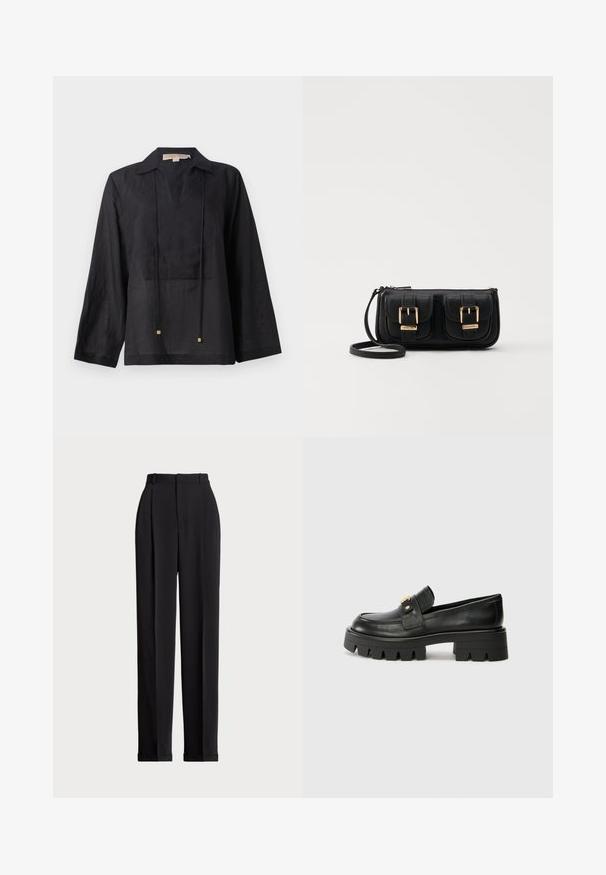 Cămașă neagră cu mâneci lungi, confecționată dintr-un material ușor, având un guler la gât, un decolteu în formă de V și două șnururi cu accente aurii.; Pantaloni negri, croiți pe măsură, cu talie înaltă, cu plii în față, design cu picior drept și tiv manșetat. Confecționați dintr-un material neted.; Mocasini negri din piele cu o talpă groasă, având un accent aurit în față și un finisaj neted. Design cu ștanțare groasă pe talpă.; Geantă neagră din piele, tip crossbody, cu două buzunare frontale, catarame aurii, închidere cu fermoar și o curea subțire. Suprafață texturată și formă rectangulară compactă.