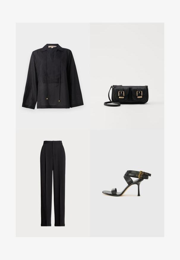 Must musta varrukatega särk, mis on valmistatud kerge kangast. Sellel on kraega dekoltee, V-kujuline esiosa ja kaks kullatud aktsentidega nööri.; Mustad kohandatud püksid kõrge vöökohtaga, ees plisseeritud, sirge sääre disainiga ja mansetiga hem. Valmistatud sileda kangaga.; Mustad mustand koos ristatud rihmade ja reguleeritava pandlaga. Omab siledat tekstuuri ja kitsenevat stiletto kontsa.; Must küllastamata nahast õlakott, millel on kaks esist nähtavat taskut, kuldsed pandlad, tõmblukuga sulgemine ja peen rihm. Tekstuuriga pind ja kompaktne ristkülikukujuline kuju.