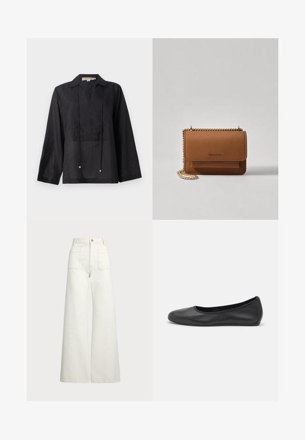 Camisa preta de manga longa feita de tecido leve, com gola, frente em corte em V e dois cordões com detalhes em dourado.; Jeans de perna larga em denim off-white. Design de cintura alta com fecho de botão, dois bolsos frontais e detalhes de costura em contraste.; Bailarina preta em pele com bico arredondado, textura suave, detalhe de costura minimalista e design de sola flexível.; Bolsa crossbody de couro texturizado castanho com alça de corrente dourada e fecho com aba. A parte da frente apresenta detalhe do logótipo e um bolso sob a aba.