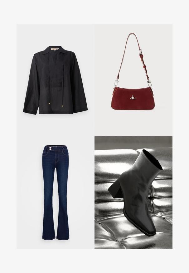 Črna majica z dolgimi rokavi, izdelana iz lahkotnega materiala, z ovratnikom, sprednjim izrezom v obliki črke V in dvema vrvicama z zlatimi poudarki.; Temno modri široki kavbojke z visokim pasom, dvema sprednjima žepoma in dvema gumboma za zapiranje. Narejene iz denima z gladko teksturo.; Črne gležnjarje iz sijočega materiala s kvadratnim prstom in zoženim peto, postavljene na sijoče srebrno oblazinjeno ozadje.; Rdeča semiš torba za rame s ukrivljeno obliko. Ima srebrno-tonski poudarjen detajl in nastavljiv trak z kovinskimi detajli. Gladka tekstura.