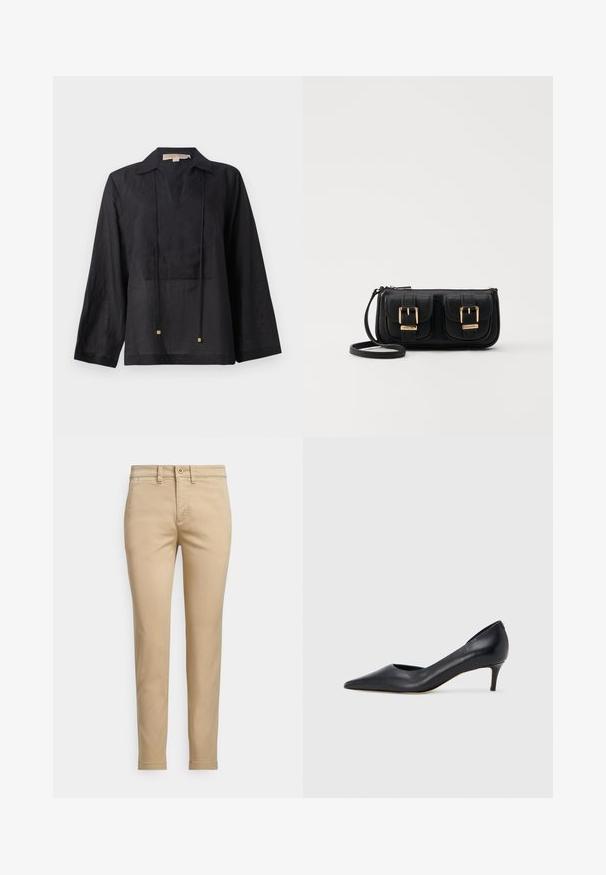 Svart långärmad skjorta i lätt tyg, med krage, V-hals och två snören med guldfärgade detaljer.; Beige bomulls-chinos med rak passform, utrustade med knappstängning, framfickor och sydda detaljer längs sömmarna.; Svart läderpumps med spetsig tå och låg klack. Har en slät textur och subtil glans. Öppet utskuret fram för extra detalj.; Svart läderaxelväska med två framfickor, guldspännen, dragkedjestängning och en smal rem. Texturerad yta och kompakt rektangulär form.