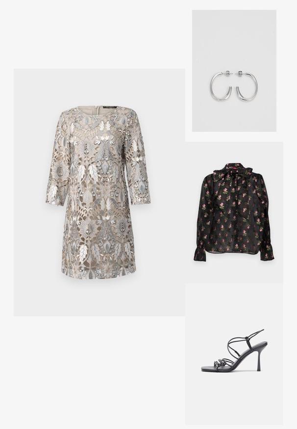 Black sheer blouse with a floral pattern in pink and green, featuring a bow tie collar, button front, and long sleeves with gathered cuffs.; Beige dress with intricate silver floral lace overlay, three-quarter sleeves, round neckline, and a back zipper closure. Textured design detail.; Black high-heeled sandals feature thin straps with a knotted design, a smooth square toe, and a sleek stiletto heel.; Light gray metallic handbag featuring a chain strap, embellished with small circular metallic studs and a triangular brand logo.; Silver hoop earrings with a smooth, shiny finish. Rounded shape, lightweight design, featuring a post-back closure.