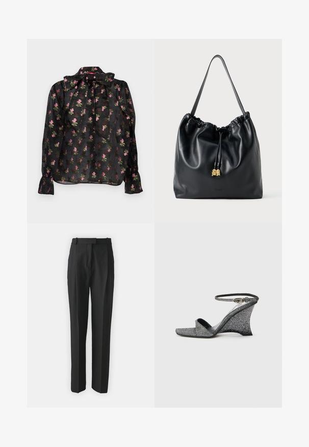 Black sheer blouse with a floral pattern in pink and green, featuring a bow tie collar, button front, and long sleeves with gathered cuffs.; Black tailored trousers made from lightweight fabric, featuring a straight cut, flat front, and belt loops. Smooth texture with no visible patterns.; Silver glitter wedge sandal with open toe, ankle strap, and gold buckle, shown from the side on a plain light background.; Black leather drawstring bag with a smooth texture, gathered top, and subtle gold hardware. Features a single sturdy strap and embossed logo.