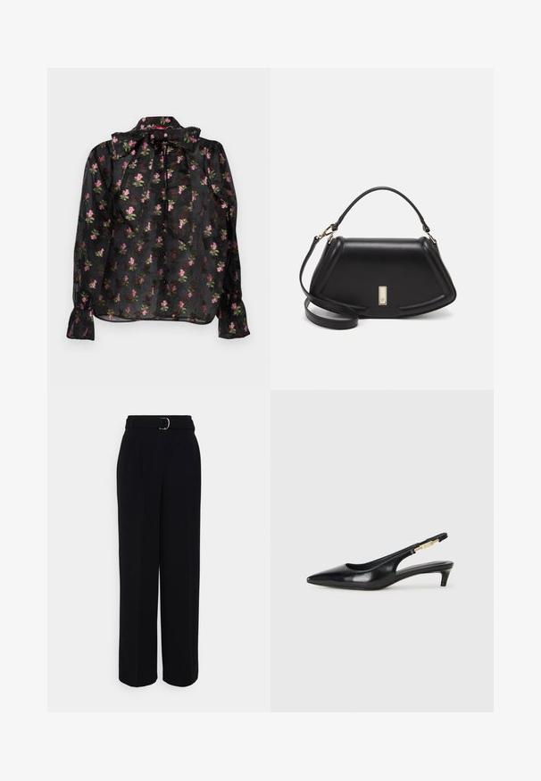 Black sheer blouse with a floral pattern in pink and green, featuring a bow tie collar, button front, and long sleeves with gathered cuffs.; Black tailored pants with a wide-leg silhouette, featuring a belt with a silver buckle, pleats, and a smooth fabric texture.; Black leather slingback heels with a pointed toe, featuring a slim heel and a gold-tone accent on the adjustable strap. Smooth texture.; Black leather handbag with a structured design, featuring a cropped shape, top handle, and gold hardware accent. Adjustable shoulder strap included.