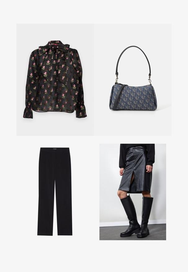 Černá průhledná blůza s květinovým vzorem v růžové a zelené barvě, se zlatou kravatou, předním zapínáním na knoflíky a dlouhými rukávy s nařasenými manžetami.; Černé kordové kalhoty s rovného střihu, disponující plochým pasem a bez viditelných kapes, hladkou texturou a vertikálním žebrováním.; Černá kožená tužková sukně s předním rozparkem, kombinovaná s černými kozačkami po kolena, které mají zipy a robustní podrážku pro zvýšenou výšku.; Modrá vzorovaná taška vyrobená z látky, s oblým tvarem, černým koženým popruhem a logem v světlejším odstínu.
