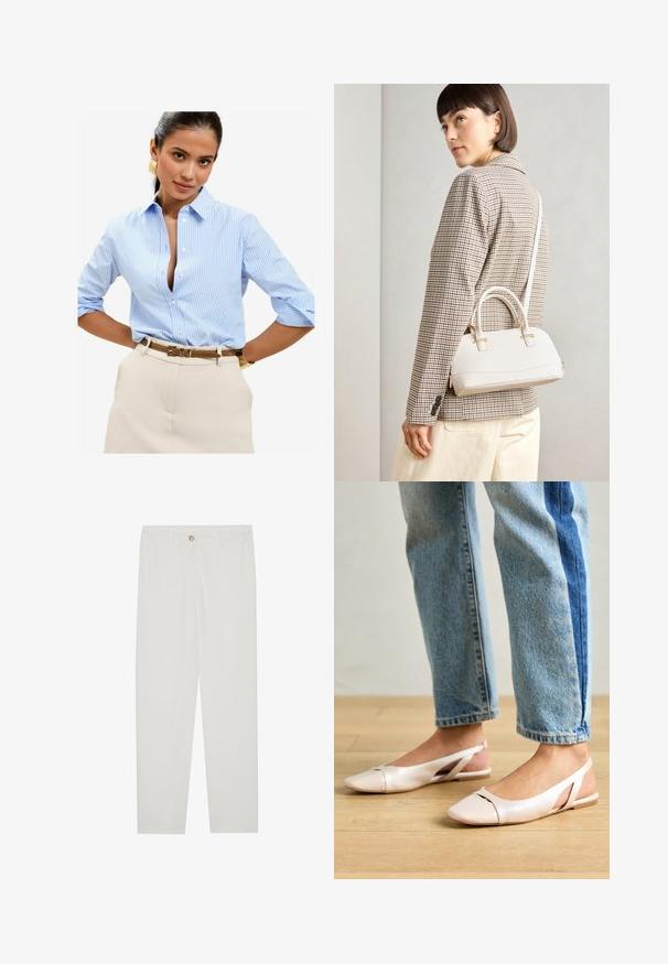 Svetlo modrá pruhovaná košeľa s gombíkmi, s preklopeným golierom a trojštvrťovými rukávmi, v kombinácii s béžovými nohavicami a hnedým opaskom.; Biele, priliehavé nohavice s rovnými nohavicami, so zapínaním na gombík, pútkami na opasok a bočnými vreckami; hladká textúra látky.; Svetloružové slingback baleríny s jemne špicatou špičkou, vyrobené z hladkého materiálu pripomínajúceho kožu. Majú výrezové detaily na stranách a plochý opätok.; Biela štruktúrovaná kabelka s krátkymi rúčkami a ramenným popruhom, s zlatými kovovými prvkami a textúrovaným materiálom, vystavená na šedom pozadí.