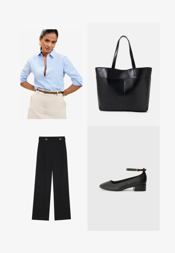 Világoskék csíkozott ing, hajtókás gallérral és háromnegyedes ujjakkal, bézs nadrággal és barna övvel párosítva.; Fekete, bő szárú nadrág magas derékkal, gombos részletekkel a derékrészen és elülső pliszékkal.; Fekete bőr magassarkú cipő hegyes orral és alacsony tömb sarkal. Bokapánttal rendelkezik, aranyszínű csattal. Simább textúra.; Fekete bőr bevásárlótáska két hosszú fogantyúval, sima felülettel és strukturált formával. Elülső zseb található rajta a plusz tárolás érdekében.