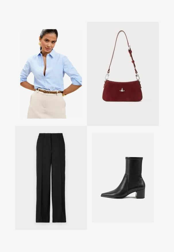 Camicia button-up a righe blu chiaro con colletto ripiegato e maniche tre quarti, abbinata a un paio di pantaloni beige e una cintura marrone.; Pantaloni neri con design a gamba dritta, caratterizzati da due pieghe frontali, una vita e senza tasche o decorazioni visibili.; Stivale alla caviglia nero in pelle liscia, con punta appuntita, tacco a blocco e cuciture raccolte distintive lungo il bordo superiore.; Borsa a spalla in suede rosso con forma curva. Presenta un accento in tonalità argento e una tracolla regolabile con dettagli in metallo. Texture liscia.