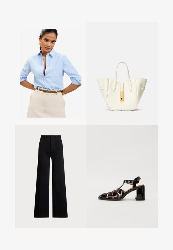 Világoskék csíkozott ing, hajtókás gallérral és háromnegyedes ujjakkal, bézs nadrággal és barna övvel párosítva.; Fekete, bő szárú nadrág szőtt anyagból, magas derékkal, elől gombos záródással és oldalzsebekkel. Simává textúrával és letisztult vonalakkal.; Fekete lakkozott bőr magassarkú szandál, nyitott orral, pántos kialakítással és boka csattal. Vastag sarkú és keresztpántos felső rész jellemzi.; Fehér bőr táska strukturált formával, kiemelkedő varrásokkal, arany színű fém címkével és dupla fogantyúkkal. Texturált felület oldalzsebekkel.