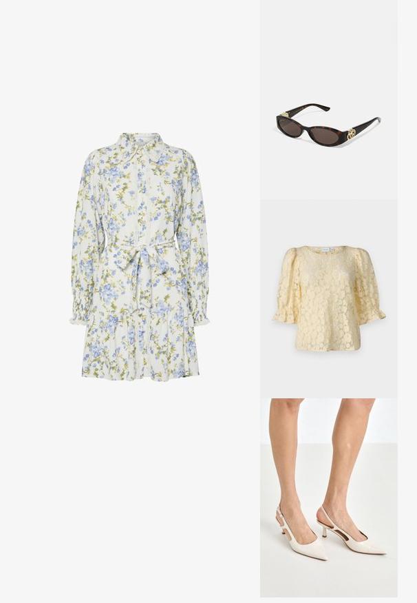 Spitzenoberteil in sanftem Gelb, mit kurzen, puffigen Ärmeln, einem runden Ausschnitt und floralen Mustern auf dem gesamten Stoff.; Blumenkleid in Weiß mit blauen und grünen Blumen, mit einem Kragen, durchgehender Knopfleiste, langen Ärmeln mit elastischen Bündchen und einem Taillengürtel.; Beige Lackleder Slingback-Absätze mit spitzem Fuß und 5 cm Absatz, mit ausgeschnittenen Seiten und einem schmalen Knöchelriemen.; Schildpatt-Sonnenbrille mit länglich-ovalen Gläsern, braunem Farbton, goldenen Logo-Akzenten an den Bügeln und schlanken schwarzen Bügeln.; Beige gemusterte Handtasche mit geschwungener Form, Lederakzenten und einem goldfarbenen Logo auf der Vorderseite. Verfügt über einen kurzen Griff für einfaches Tragen.; Perlen- und Kristallhalskette mit einem runden, perlenbesetzten Design in sanften Farbtönen, das abwechselnd Perlen und funkelnde Akzente zeigt, um den Hals getragen.