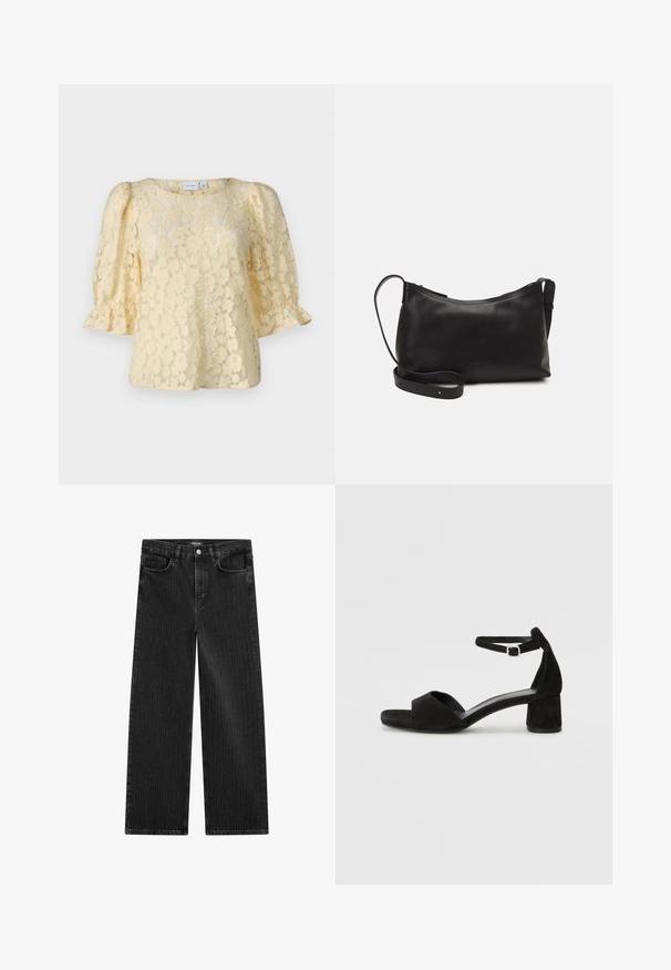 Kanttop in zachtgeel, met poffende korte mouwen, een ronde halslijn en bloempatronen door de stof heen.; Wijd gesneden zwarte denim jeans met een subtiel verticaal streepmotief, voorzien van een vijfzakkenontwerp en een klassieke knoopsluiting bij de taille.; Zwarte suede hakken met een dunne enkelband, open teen ontwerp en een bescheiden blokhak. Zachte textuur en minimale accenten.; Zwarte leren schoudertas met een gladde textuur, gebogen vorm, verstelbare schouderband en een ritsafsluiting. Minimalistisch ontwerp zonder versieringen.