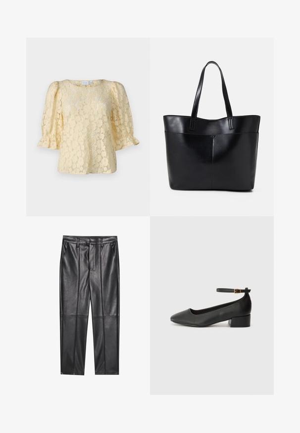 Top in pizzo di un morbido giallo, con maniche corte a sbuffo, scollatura tonda e motivi floreali su tutto il tessuto.; Pantaloni in pelle nera con una texture liscia, caratterizzati da un fit dritto, due tasche frontali e dettagli delle cuciture in evidenza.; Pump in pelle nera con punta affusolata e tacco basso a blocco. Presenta una cinghia alla caviglia con una fibbia in tonalità oro. Texture liscia.; Borsa a tracolla in pelle nera con due manici lunghi, una texture liscia e una forma strutturata. Presenta una tasca frontale per ulteriore spazio di archiviazione.