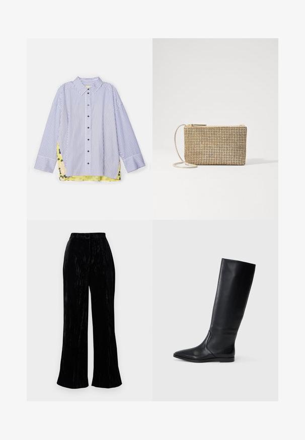 MUNTHE ONTARIO - Chemisier - mix; Pantalons larges en velours noir avec une texture douce, présentant une taille haute et de subtils rayures verticales. Conçus pour une coupe décontractée.; Botte en cuir noir, montante jusqu'au genou, avec un bout pointu et un design minimaliste. Texture lisse et semelle plate, présentant des détails de couture discrets sur les côtés.; Loeffler Randall YASMINE FLAT CLUTCH - Sac bandoulière - gold