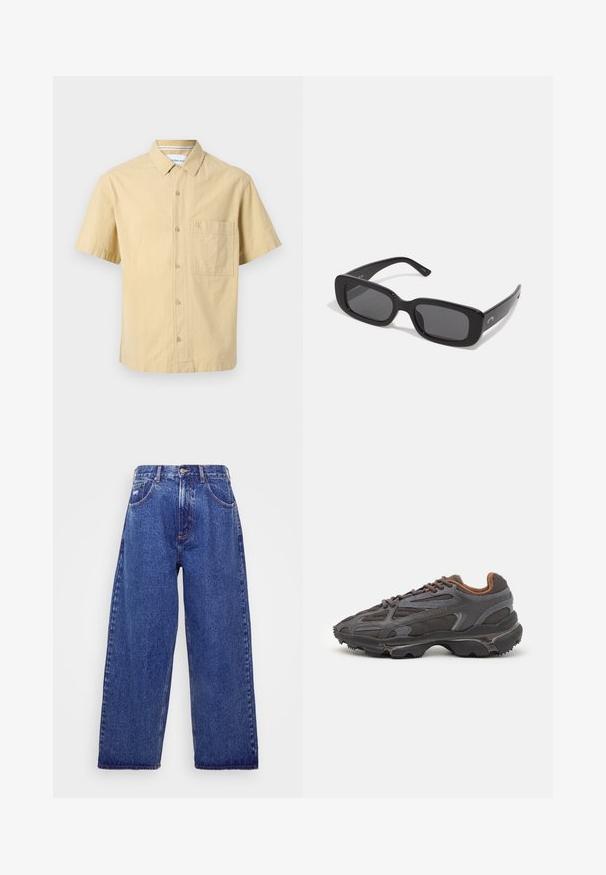 Calvin Klein Jeans Skjorta - pale khaki; Breda, blå denimjeans med hög midja, utrustade med fem fickor, knäppning med knapp och subtila blekningar för textur.; Lacoste-sneakers i mörkgrått med nät och syntetmaterial, med en strukturerad sula och bruna detaljer på kragen och varumärket.; Svarta rektangulära solglasögon med mörka linser, släta plastbågar och breda skalmar. Subtil logotyp på sidan.