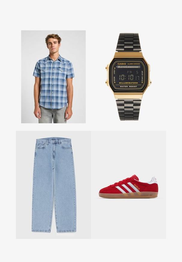 Kurzärmliges kariertes Hemd in Blautönen, mit Knopfkragen, Brusttaschen mit Klappen und einem abgerundeten Saum. Glattes Baumwollmaterial.; Hellblaue Jeans aus Denim mit geradem Bein, ausgestattet mit einer mittelhohen Taille, fünf Taschen sowie einem Knopf- und Reißverschluss.; Rote Wildleder-Sneaker mit weißem Dreistreifen-Design und goldenem "Gazelle"-Schriftzug. Besitzt eine Gummisohle und eine strukturierte Ferse.; Digitale Armbanduhr mit einem goldtonenen rechteckigen Gehäuse, schwarzem LCD-Display und einem schwarzen Metallarmband. Zu den Funktionen gehören ein Alarm und Wasserbeständigkeit.