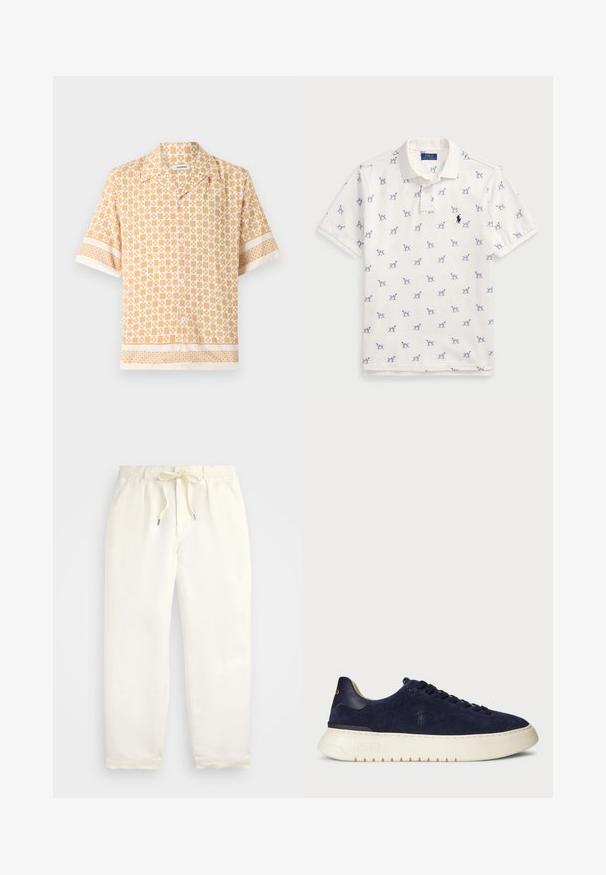 Kortermet skjorte i lys gul med et geometrisk mønster i kremfarge. Har knappelukking foran og kontrastmønstrede mansjetter og fald.; Hvit polo skjorte laget av bomull, med et gjentatt blått hundemønster og en liten blå logo på brystet. Kortermet og med krage.; Lys kremfargede, casual bukser laget av mykt stoff. Har elastisk midjebånd med snøring, og en tapered ben-design.; Marineblå semsket lavsko med en teksturert overflate, gummisåle og tonede snører, med en liten logo på siden og hælen.