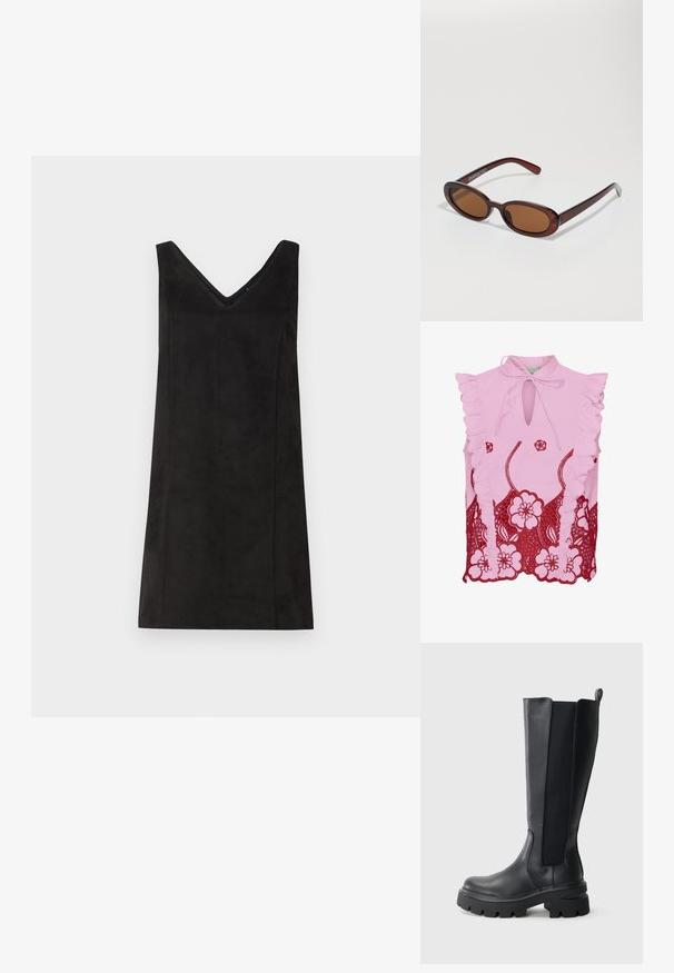 Ružový bezrukávový top s volánovými ramennými detailmi, výstrihom v tvare kľúčovej dierky a kontrastným červeným kvetinovým čipkovým detailom na leme. Hladká textúra látky.; Čierne bezrukávové šaty s výstrihom do V, vyrobené z mäkkého materiálu, s rovnými líniami a minimálnymi detailmi. Hladká textúra.; Čierne čižmy po kolená s hladkým koženým povrchom a kontrastnými elastickými bočnými panelmi. Masívna gumová podrážka s výrazným dezénom.; Okrúhle slnečné okuliare s hnedým nádychom a lesklým burgundským rámom. Úzke ramená s jemným brandovaním. Plochej šošovky dizajn.; Tkaná bordó kožená kabelka s kulatým tělem, silným uchem a zipovým uzavřením. Vyznačuje se hladkým povrchem a propleteným vzorem.