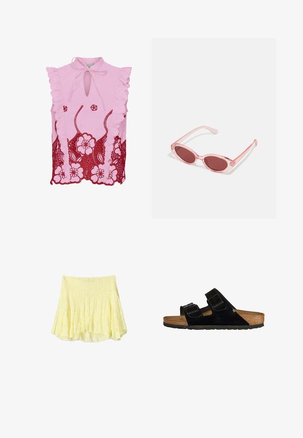 Top senza maniche rosa con spalle arricciate, scollatura a chiave e dettaglio in pizzo floreale rosso a contrasto sull'orlo. Texture del tessuto liscia.; Gonna a campana gialla realizzata in tessuto testurizzato, con un design a strati e un orlo leggermente irregolare. Aspetto leggero e arioso.; Sandali neri in pelle verniciata con due cinturini regolabili, soletta in sughero e suola in gomma, caratterizzati da una texture liscia e un design minimalista.; Occhiali da sole rosa trasparenti con lenti ovali, tonalità rosso scuro e bracci sottili, dotati di una finitura liscia e dettagli sottili sulla montatura.