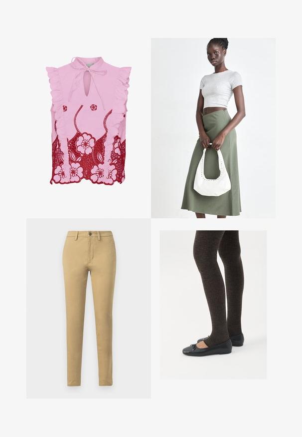 Top roz fără mâneci, cu umeri volănați, decolteu tip cheie și detalii florale din dantelă roșie contrastantă la tiv. Textură de material neted.; Chino khaki realizat dintr-un material din amestec de bumbac, având un croi slim, curea, buzunare frontale și o închidere cu un singur nasture.; Pantofi negri cu un detaliu mic de fundiță la vârf, asortați cu colanți maro închis, cu textură ondulată. Pantofii au o textură netedă și un profil joase.; Crop top griș cu dungi și fustă verde măsliniu cu talie înaltă. Modelul ține o geantă albă de umăr cu detalii tăiate. Design simplu, siluetă ajustată.