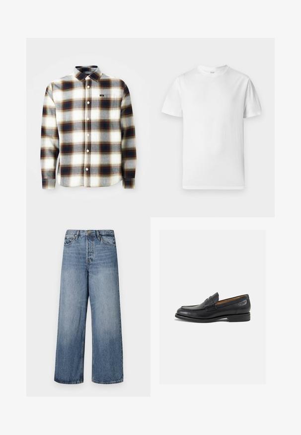 Langärmliges, kariertes Hemd in Weiß, Grau und Braun. Verfügt über ein Knopfdesign, einen klassischen Kragen und ein kleines Markenlogo auf der Brust.; Weißes kurzärmliges T-Shirt aus weicher Baumwolle. Verfügt über einen runden Halsausschnitt und einen geraden Saum mit minimalen Details.; Weite blaue Denim-Jeans mit einer ausgewaschenen Optik, Fünf-Taschen-Design und einer Knopfverschluss. Ausgestattet mit Gürtelschlaufen und gestickten Details.; Schwarze Leder Slipper mit glatter Oberfläche, runder Spitze und dekorativer Naht auf dem Vorderblatt. Niedriger Blockabsatz und leichter Glanz.