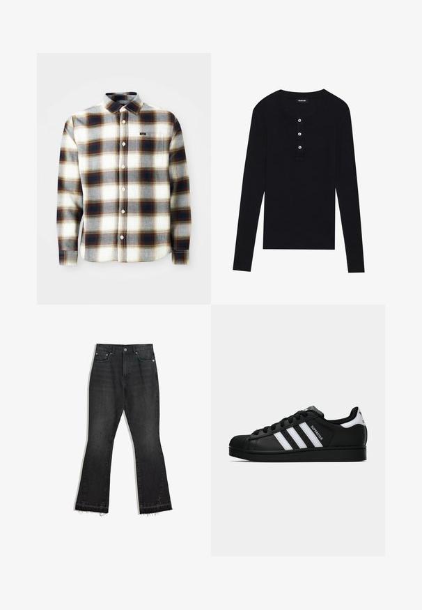 Long-sleeve plaid shirt in white, gray, and brown. Features a button-up design, classic collar, and a small brand logo on the chest.; Black long-sleeve top made of soft fabric, featuring a round neckline, three-button placket, and fitted sleeves.; Black denim flared jeans with a frayed hem, five-pocket design, and a button closure. Smooth texture, medium weight fabric.; Black Adidas Superstar sneaker with white stripes, shell toe, and "Superstar" text on side, shown in side profile on white background.