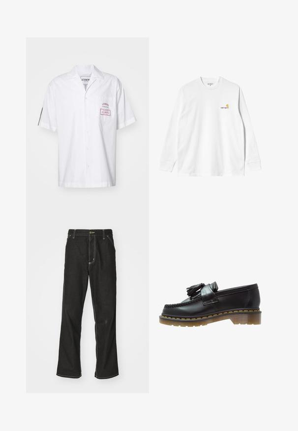 Chemise blanche à manches courtes en coton avec fermeture à boutons. Dotée d'une poche poitrine avec une étiquette rouge et d'un col classique.; T-shirt en coton blanc à manches longues avec un col rond, arborant un petit logo jaune et bordeaux sur la poitrine gauche. Poignets et ourlet sans coutures.; Jean en denim noir avec une coupe ample, comportant des coutures blanches contrastantes, une fermeture à bouton et un design à jambes droites.; Mocassins en cuir noir avec une finition texturée, ornés d'un pompon décoratif et de coutures jaunes contrastantes, sur une semelle épaisse et transparente.