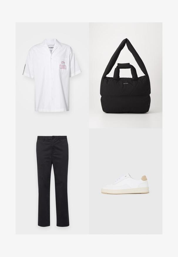 Rövidujjú, fehér, pamut ing gombos záródással. Jellemzője egy mellzseb piros címkével és klasszikus gallér dizájnnal.; Fekete pamut nadrág egyenes szabással, gombos záródással és övhurkokkal. Simább textúra, látható minták vagy díszítések nélkül.; Fehér, alacsony szárú sportcipők textúrált bőr felsőrésszel, krémszínű bordás talppal és barna sarokdíszítéssel. Fehér fűzőkkel és logóval ellátott sarokkialakítással rendelkezik.; Fekete párnázott táska széles, puha vállpánttal és felső fogantyúval. Cipzáras záródással és diszkrét logóval rendelkezik az elején.