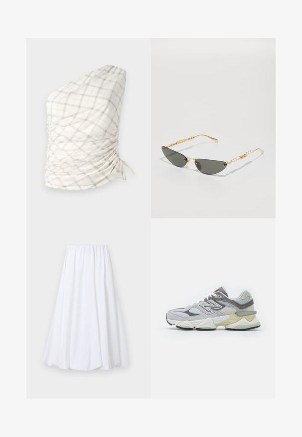Ein asymmetrisches Oberteil mit einem leichten, karierten Muster aus Creme, Grau und dezentem Gelb. Verfügt über Raffung und Kordelzugakzente.; Weiße knöchellange Rock mit einem elastischen Bund, gefertigt aus leichtem Stoff mit glatter Textur und fließender Silhouette.; Graue Wildleder- und Mesh-Sneaker mit einer dicken weißen und beigen Sohle, ausgestattet mit einem auffälligen weißen Logo und roten Akzentdetails.; Sonnenbrille mit goldenem Rahmen und dunkelgrauen Gläsern. Einzigartige Katzenaugenform. Die Bügel sind mit abwechselnden goldenen Perlen und Perlenakzenten verziert.