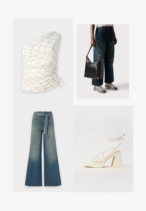 Ein asymmetrisches Oberteil mit einem leichten, karierten Muster aus Creme, Grau und dezentem Gelb. Verfügt über Raffung und Kordelzugakzente.; Weit geschnittene Denim-Hosen mit einem Farbverlauf von hellblau zu dunkelblau, hoher Taille, Gürtelschlaufen und einem passenden Stoffgürtel. Strukturierte Denim-Oberfläche.; Weiße High-Heel-Sandale mit einem klobigen Absatz, die über ein Riemchendesign und ein Knöchelband verfügt. Glatte Textur mit einer Plattform vorne für zusätzliche Höhe.; Schwarze Leder-Schultertasche mit glatter Textur und verstellbarem Riemen, kombiniert mit ausgewaschenen weit geschnittenen Jeans und sportlichen Sneakern.