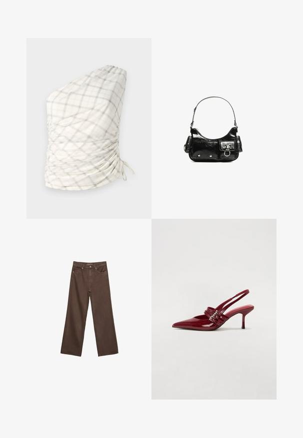 Tielko na jedno rameno v svetlom, kockovanom vzore krému, sivej a jemnej žltej farby. Obsahuje riasenie a akcenty s šnúrkami.; Džínsy s širokými nohavicami v hnedej farbe, vyrobené z denimu, so zvýšeným pásom, prednými vreckami a klasickým zapínaním na gombík. Hladká textúra s jemným prešívaním.; Červené lakované kožené sandále na podpätku s jemne špičatou špičkou, dvoma prackovými remienkami a štíhlym, stredne vysokým ihlovým podpätkom. Hladký povrch.; Čierna laková kožená kabelka s ohnutým tvarom, jedným ramenným popruhom, prednými vreckami a striebornými kovovými doplnkami.
