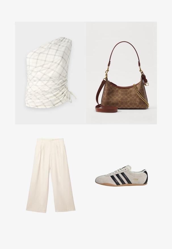 Yhden olkapään toppi kevyessä, ruudullisessa kuosissa, jossa on kermaista, harmaata ja hienoista keltaista. Siinä on rypytetty yksityiskohta ja nyöriyksityksiä.; Kapeita leveitä housuja vaaleanbeigessä värissä, pehmeästä ja teksturoidusta kankaasta. Edessä laskokset ja joustava vyötärö, joka tarjoaa rennon istuvuuden.; Tennarit mokkanahkaa harmaalla päällä, mustilla raidoilla ja kumipohjalla. Varustettu nauhakiinnityksellä ja kultaisella logo-yksityiskohdalla sivussa.; COACH SIGNATURE JULIET SHOULDER - Käsilaukku - tan