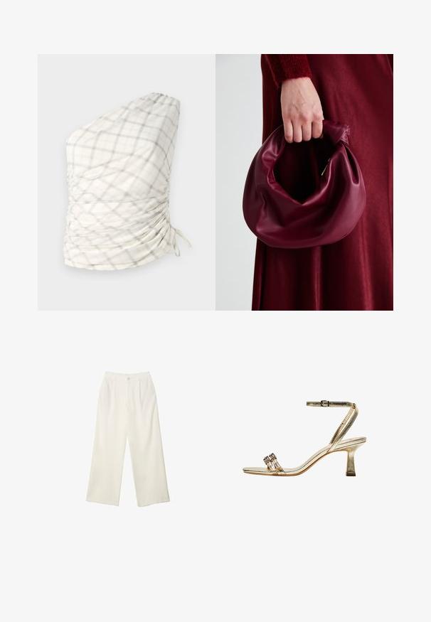 Top na jedno rameno v lehkém kostkovaném vzoru krémové, šedé a jemně žluté barvy. Obsahuje nařasené detaily a akcenty na stažení.; Široké kalhoty z krémové látky s hladkým povrchem, s jediným předním knoflíkem, jemnými skladbami a vysokým pasem.; Zlaté metalické sandály na vysokém podpatku s kotníkovým páskem, dvěma úzkými předními pásky a blokovým podpatkem. Obsahují ozdobné prvky.; Burgundská kožená kabelka s měkkým, nabíraným designem a zaobleným tvarem. Ucho je zajištěné a vykazuje hladkou texturu.