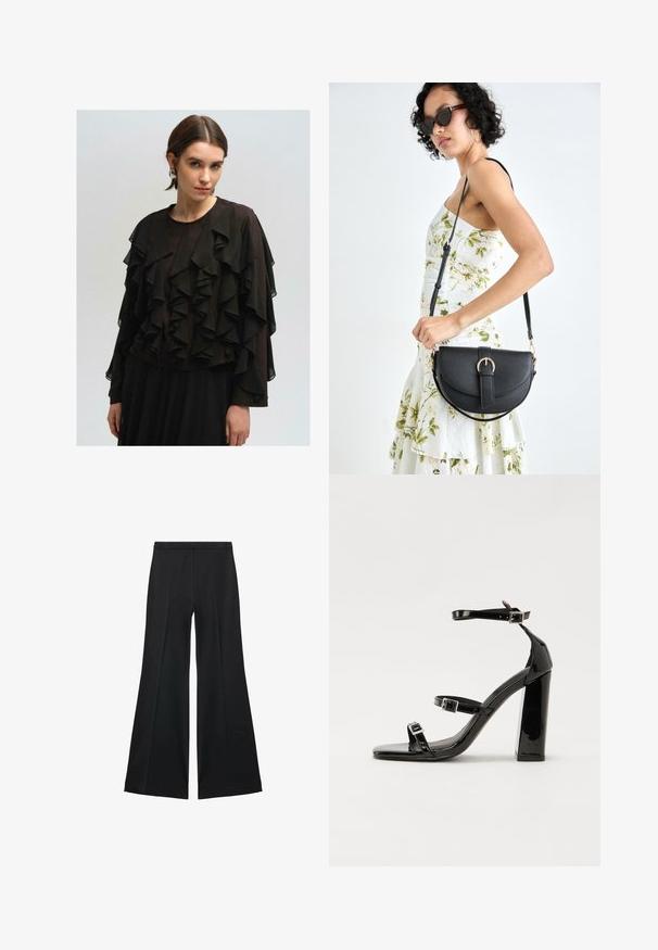 Svart blus med lagrade volanger, tillverkad av lätt material. Långa ärmar, rund halsringning och en svängig design. Enfärgad svart bas.; Svarta vida byxor med en slät textur, med framfickor och skräddarsydd design. Tyget är lätt och flödande.; Svarta lackerade klacksandaler med fyrkantig tå, ankelremmar och silverfärgade spännen. Har en kraftig blockklack för stabilitet.; Svart läderhandväska med en böjd form, avtagbar rem och guldiga detaljer. Väskan har ett lock med en spänndetalj.
